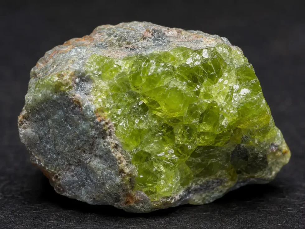 A close-up photograph of a rough olivine (peridot) mineral specimen resting against a dark background. The rock has a grayish-brown matrix with a large exposed area of vivid yellow-green, translucent crystals. The crystals have irregular, angular faces that catch the light, giving them a glassy sparkle and highlighting the natural texture of the raw gemstone.