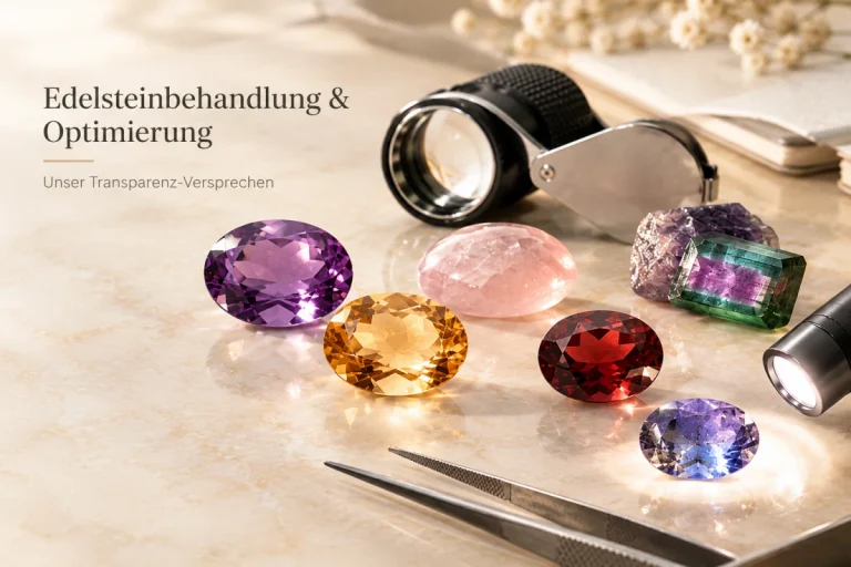 Edelsteine in verschiedenen Farben und Schliffen auf einer hellen Arbeitsfläche, mit Lupe und Pinzette zur Prüfung und Optimierung der Edelsteine.