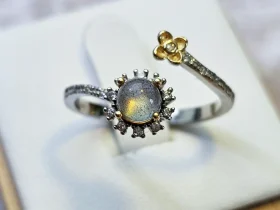 DR-SIL-04-01 Offener Silberring mit rundem, schimmerndem Mondstein, funkelnden Zirkonia und goldfarbenem Blumen-Detail.