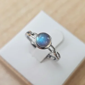 Silberring mit Mondstein in filigranes Design– verstellbarer Damenring Silberring mit rundem, blau schimmerndem Mondstein und filigraner, geschwungener Ringschiene auf weißem Schmuckdisplay.